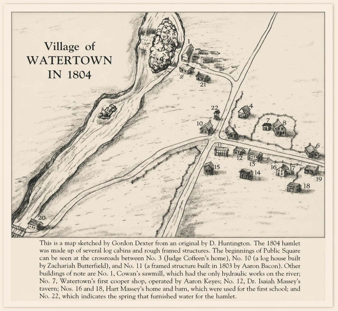 Illustrated map of Watertown village in 1804